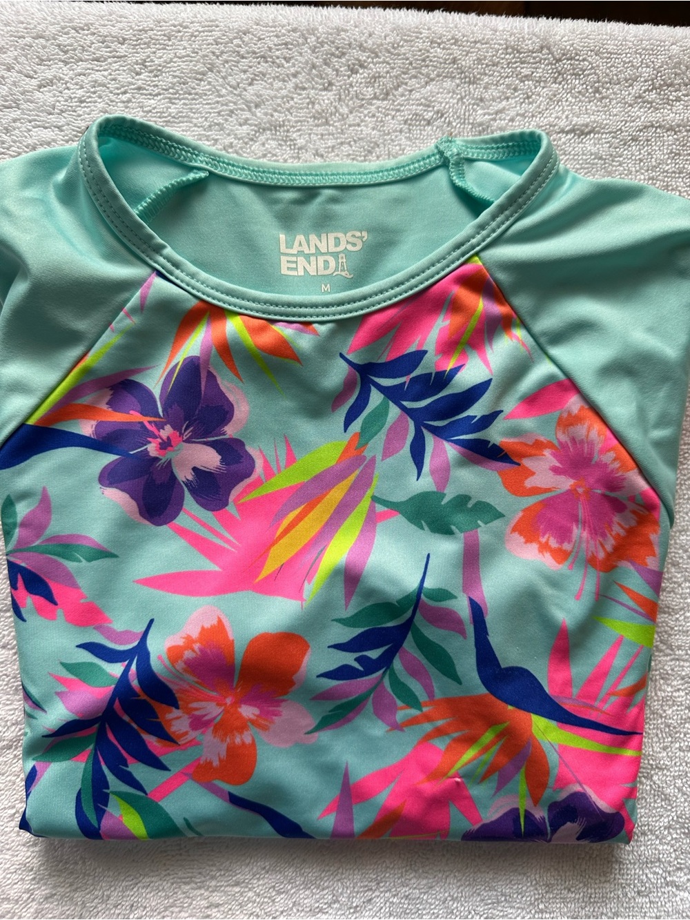 Lands' End Girls' turquoise Floral Rash Guard Swim Top
